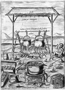 Lantligt kök: kittel och krukor sätts i brand. Gravyr från "Opera", bok om gastronomi uppdelad i 6 delar, av Bartolomeo Scappi, personlig kock av påven Pius V. Venedig av Italian School