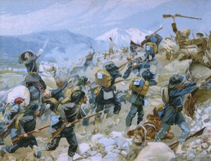 Krimkriget och slaget vid Chernaya, 16 augusti 1855, illustration från ett album om Risorgimentos historia gjord för chokladen Talmone, sent 1800-tal