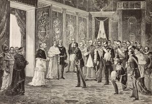 Kronprins av Tyskland (framtida Fredrik III) tas emot av påven Leo XIII i tronrummet, Vatikanen, gravyr från teckning av Ximenes från skiss av Dal Don, från L