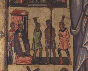 Crucifixion with Stories of the Passion: detalj som visar Kristi flagellation, School of Lucca (tempera på panel) av Italian School