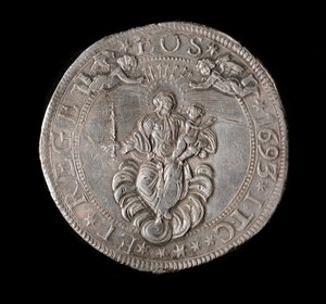Republiken Genes valuta: fem ecu silvermynt. Diam. 61 mm. 1693. Tillbaka. Genes Musei di Strada Nuova av Italian School