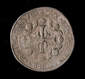 Republiken Genes valuta: fem ecu silvermynt. Diam. 61 mm. 1693. Framsida. Genes Musei di Strada Nuova av Italian School
