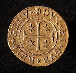 Republiken Genes valuta: dubbla fem guldmynt. Diameter 41 mm. 1642. Framsida. Genes Museum of Strada Nuova av Italian School