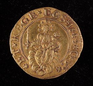 Republiken Genes valuta: dubbla fem guldmynt. Diameter 41 mm. 1642. tillbaka. Genes Museum of Strada Nuova av Italian School
