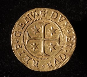 Republiken Genes valuta: dubbla fem guldmynt. Diameter 41 mm. 1652. Framsida. Genes Museum of Strada Nuova av Italian School