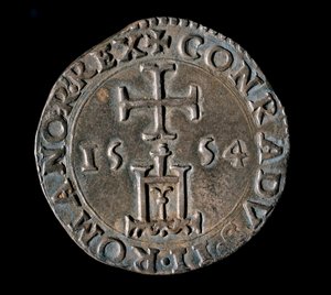 Republiken geners valuta: silverteston (eller testen) från Benediction. Front som representerar Genuaportalen under ett kors. 1554 Genes, Musei di Strada Nuova av Italian School