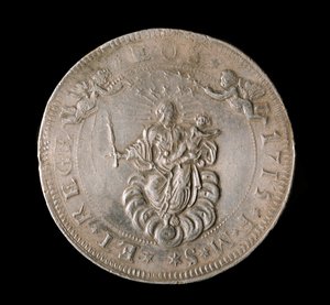 Republiken Genes valuta: sex ecu silvermynt. Diam. 61,5 mm. 1715. Framsida. Genes Musei di Strada Nuova (inv, M7156) av Italian School