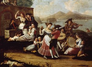 Dansscen och populär fest i Neapel Dancers of tarantella (tarantella, tarantella). Anonym målning. Neapel från 1700-talet, San Martinos nationalmuseum av Italian School