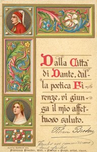 Dante, Beatrice, Den gudomliga komedin (färglitografi) av Italian School