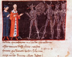 Dante och Virgil pratar med Malacoda, ledare för Malebranche-skvadronerna (låt 21 från helvetet, i den gudomliga komedin) - miniatyr av Italian School