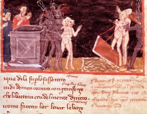 Dante och Vergilius omgivna av hallickarna och förförarna (låt 18 från Hell, in the Divine Comedy) - Miniatyr av Italian School