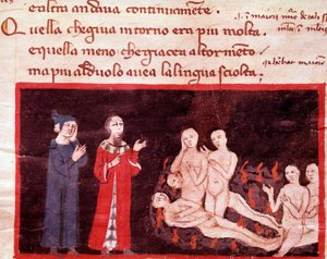 Dante et Virgil omgiven av de våldsamma (sång 14 från helvetet, i den gudomliga komedin) - miniatyr 1300-tal av Italian School