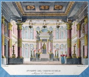 Dekor för operan La Semiramide av Christoph Gluck (1714-1787) (Scenografi för operan La Semiramide av Ch. Gluck). Litografi i färg, anonym, ca 1790. Italiensk konst, teaterdekor. Statens museum för teater och musikkonst, Sankt Petersburg. av Italian School