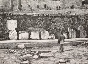 Dekorativ halvcykel i Forum Romanum, Rom, Italien, gravyr från teckning av Dante Paolocci, från L