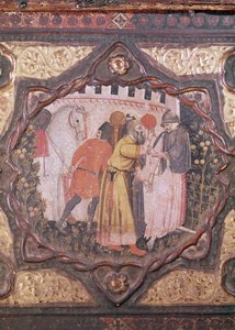Detalj av en cassone som visar historien om Saladin och Torello av Istrien, av Giovanni Boccaccio (tempera på panel) (se även 444281-82) av Italian School
