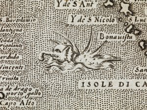 Detalj av en havselefant med en imponerande samling av spikar som sticker ut från ryggen, från "Den mest kända ön i världen, beskrev av Thomaso Porcacchi från Castiglione, Arretino, och snidad av Girolamo Porro, Padovano" av Italian School