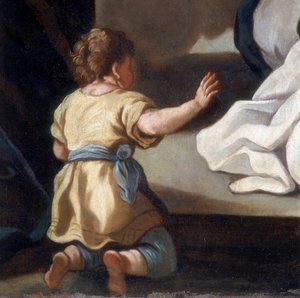 Detalj av målningen som föreställer rosenkransens Madonna med heliga Dominik och Katarina av Siena av Italian School