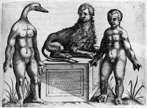 Olika typer av mänskliga monster: en man med huvudet av en anka, en man med kroppen av ett lejon och en annan med handflatan. Gravyr från "De monstrorum natura, causis et differentiis" av Fortunio Liceti (1577-1656), italiensk vetenskapsman. 1646 av Italian School