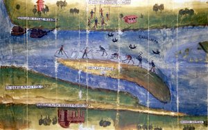 Tvist om rätten att skörda is mellan invånarna i floden Po. 1535. Milano, Riksarkivet. av Italian School