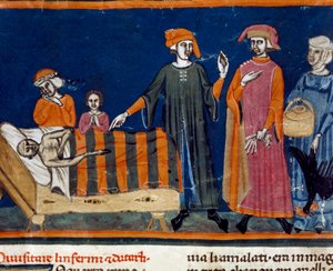 Lägger till vid sängkanten av en sjuk miniatyr av den florentinska skolan från en tilläggsutgåva av "Pater noster" av Ser Zucchero Bencivenni (MS.II.VI 16) början av 1300-talet Florens, nationalbiblioteket av Italian School