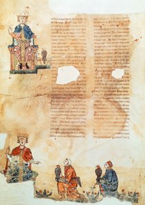 Kejsar Fredrik II av Hohenstaufend, illustration från "Konsten att jaga med fåglarna" (på veläng) av Italian School