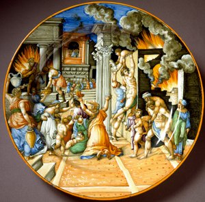Enee och hans far Anchise under den trojanska branden Keramisk platta tillverkad i Urbino, Italien. 1560 runt Florens, Museo Nazionale del Bargello - Aeneas och hans far Anchises under bränningen av Troja. Keramisk tallrik från Urbino. Cirka 1560. National av Italian School