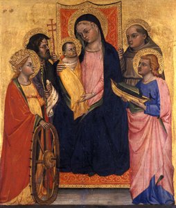 Madonna och barn på tronen med fyra heliga, ca 1400 (tempera på poppelträ) av Italian School