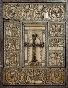 Evangeliska omslag känd som "Dittico delle cinque parti" (Dyptic of the Five Parts) i elfenben dekorerar avsnitt av jus gudom. 5:e århundradet. Milano, Tesoro del Duomo av Italian School