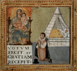 Ex-voto som visar en man som tackar Jungfrun på knä för att han blivit botad från en sjukdom, 1604 av Italian School
