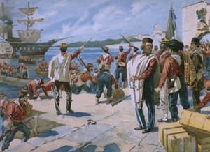 Expedition of the Thousand under ledning av Giuseppe Garibaldi, landning i Marsala, Sicilien, 1860, illustration från ett album om Risorgimentos historia gjord för chokladen Talmone, sent av Italian School