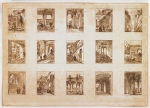 Femton miniatyrarkitektoniska och italienska vyer (penna och brunt bläck med tvätt över grafit på papper) av Italian School