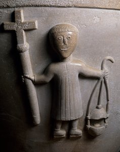 Figur av liturgisk procession, detalj från dopfunt dekorerad i relief, vit kalksten, kyrkan San Geminianus, Vicofertile, Emilia-Romagna, Italien av Italian School