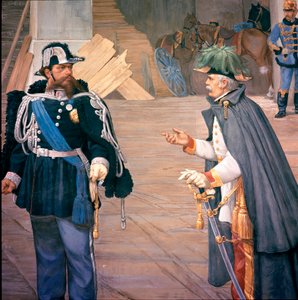 Första italienska självständighetskriget: "" slaget vid Novara (Novara) den 13/09/1849"" Kallas även slaget vid Bicoque. Vittorio Emanuele (Victor Emmanuel) (Victor-Emmanuel) II (1820-1870) och Joseph Radetzky (1766-1858) efter slaget. Detalj av en fresk av Italian School