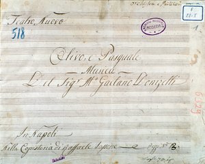 Första sidan av musikmusik från operan "Olivo e Pasquale", av Gaetano Donizetti (bläck på papper) av Italian School