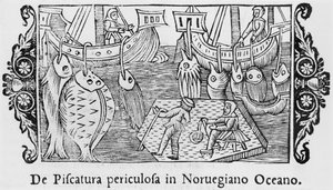 Fiske i Norska havet, illustration från History of the Northern Nations av Olaus Magnus (1490-1558), publicerad i Rom, 1555 av Italian School