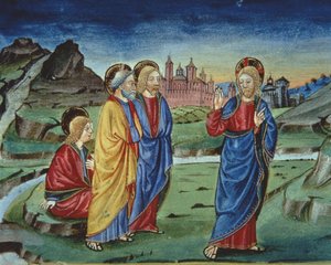 Fol.103v Efter förvandlingen säger Kristus till apostlarna att inte avslöja detta förrän efter uppståndelsen (vellum) (detalj) av Italian School