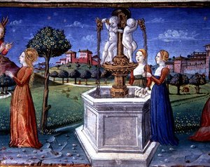 Fol.34v Ärkeängeln Rafael besöker Maria (vellum) av Italian School