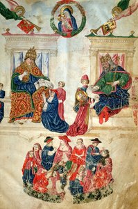 Stiftelsen av universitetet i Bologna av kejsar Theodosius II (408-450) och de privilegier som beviljats av påven Paul II (1417-71) (vellum) av Italian School