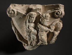 Fragment av en huvudstad med scener från Marias barndom, verkstad i katedralen i Monopoli, tidigt 1100-tal av Italian School
