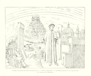 Fresk vid dörren till Servi av Santa Croce, Allegorisk målning, Dante, Florens och de sju cirklarna, av Domenico di Michelino (gravyr) av Italian School