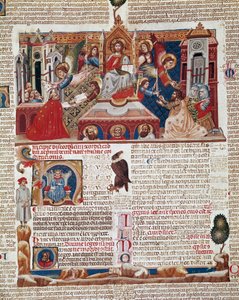 Framsidan av manuskriptet till "Decret de Gratien" ("Concordia discordantiorum canonum" eller "Decretum Gratiani") från 1140 och reglerar den romersk-katolska kyrkans lagar och kanoner. 1300-talets Siena, Biblioteca degli Intronati av Italian School