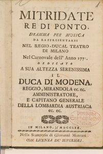 Frontispice från en tidig kopia av Mitridate, re di Ponte, en opera av Wolfgang Amadeus Mozart, 1770 av Italian School