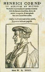 Frontispice av De Incertitatem et Vanitate declamato invectiva, av Heinrich Cornelius Agrippa, 1539 (tryck & träsnitt på papper) av Italian School