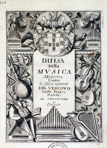 Frontispice of Defense of modern music: against the falsk åsikt från biskop Cirillo Franco, av kung James IV av Portugal av Italian School