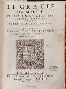 Frontispice av Le Gratie dAmore (Le Grazie dAmore) av den italienska dansaren Cesare Negri kallad Il Trombone (1536-1604), fördrag om dans av Italian School
