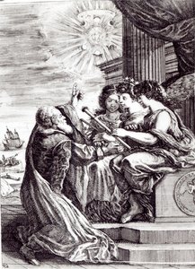 Frontispice av Opere di Galileo Galilei, publicerad i Bologna 1656 av Italian School