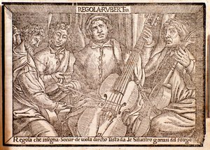 Frontispice av Regola Rubertina avhandling om viola da gamba av Silvestro Ganassi från Fontego av Italian School