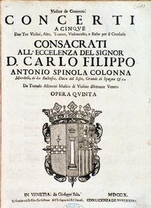 Frontispice av musikaliska partitur av "Concerti a cinque, opera 5" av Tomaso Albinoni av Italian School