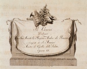 Frontispice av musikmusik av Sei canoni av den italienska kompositören Natale Mussini (1765-1837) tillägnad drottningen av Preussen av Italian School