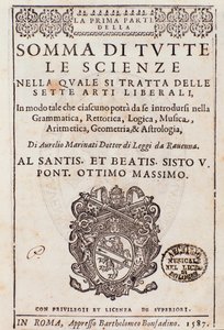 Frontispice hämtat från Summan av alla vetenskaper, essä om de fria konsterna, av Aurelio Marinati av Italian School